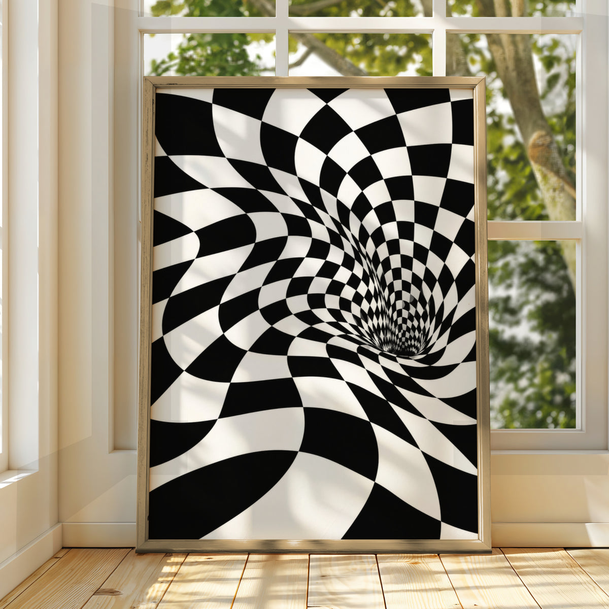 Optical Illusion Checker Vortex Print, Black and White Abstract Poster, Monochrome Wall Art