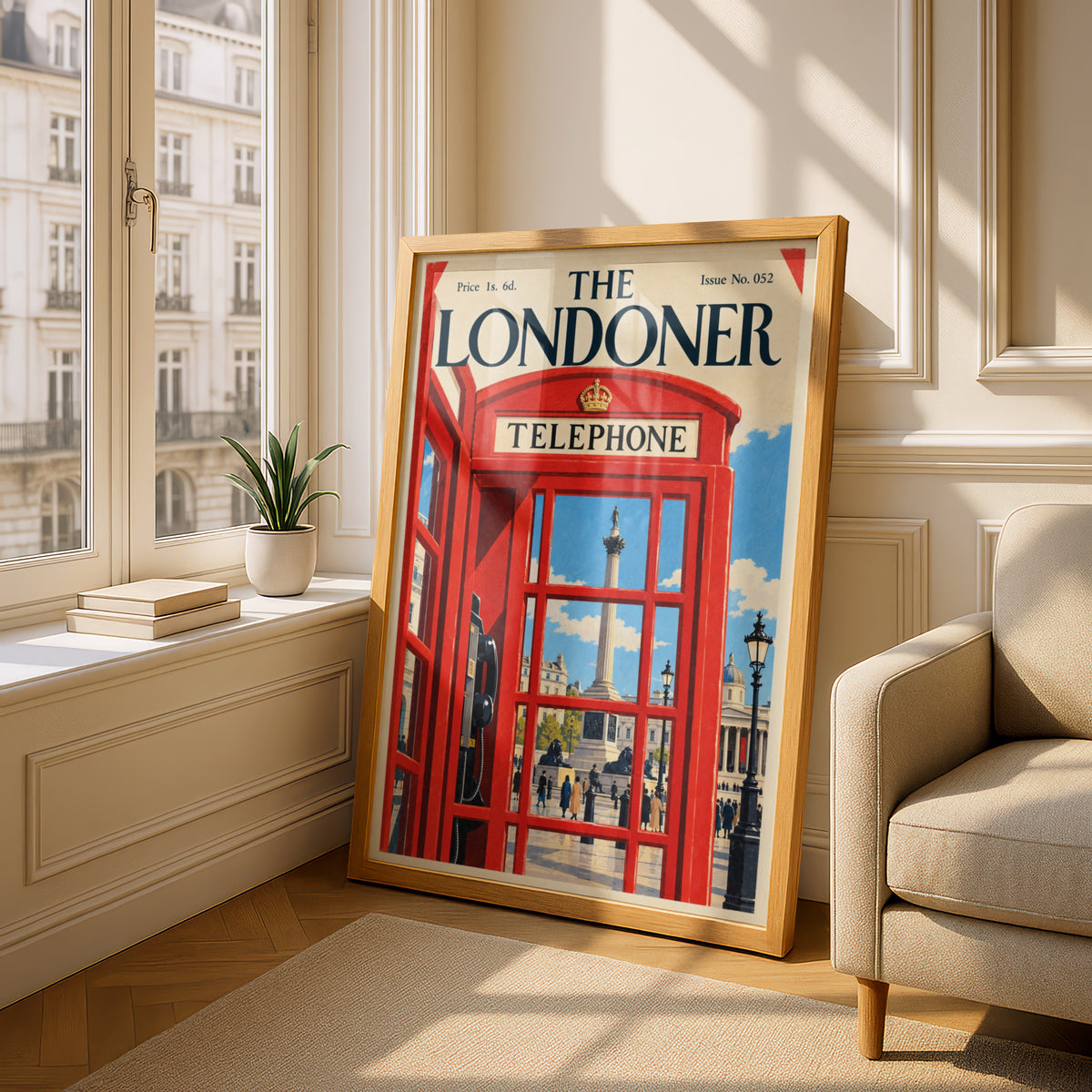 London Red Telephone Box Poster, Trafalgar Square Wall Art, Vintage Magazine Cover Art Print