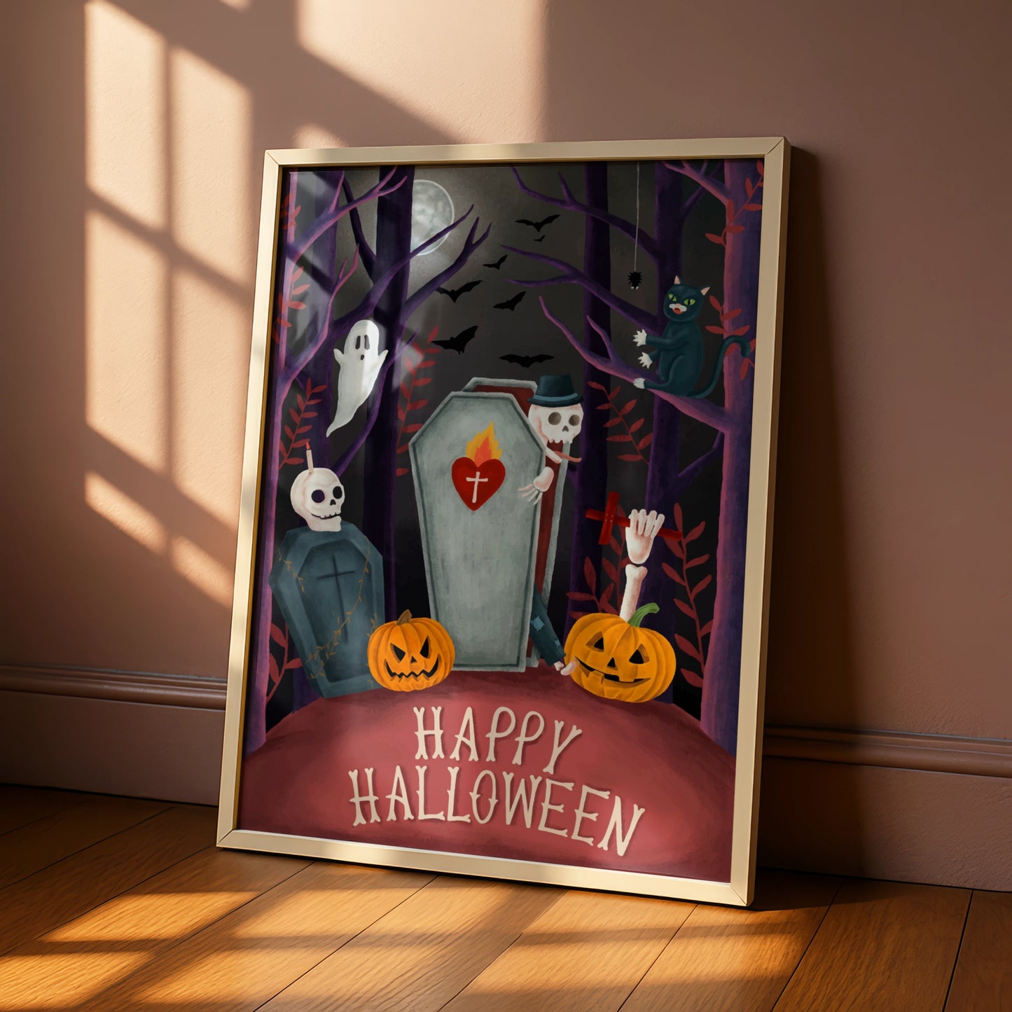 Happy Halloween Poster, Spooky Graveyard Wall Art, Ghost Skeleton Pumpkin Print, Gothic Decor