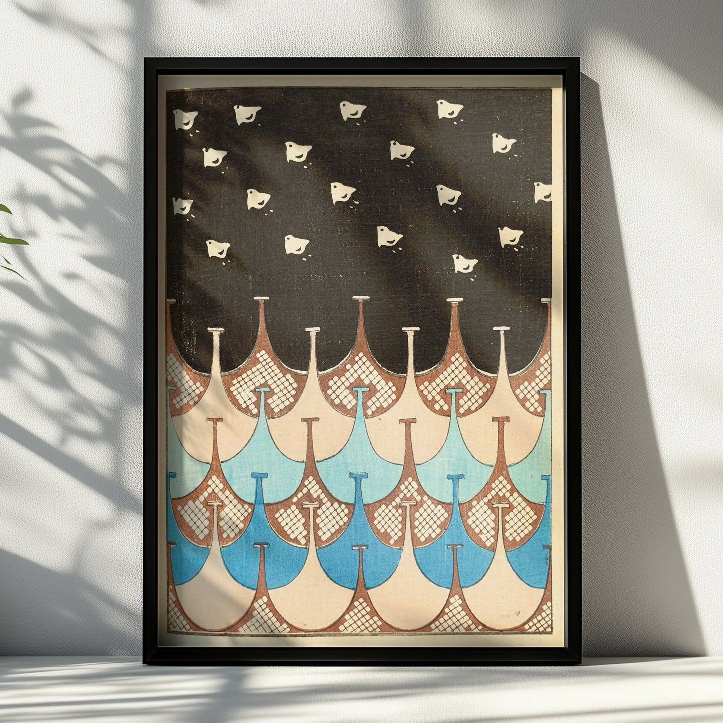 Japanese Woodblock Wall Art, Vintage Birds Print, Bijutsukai 1901, Japandi Poster – A4 Black frame