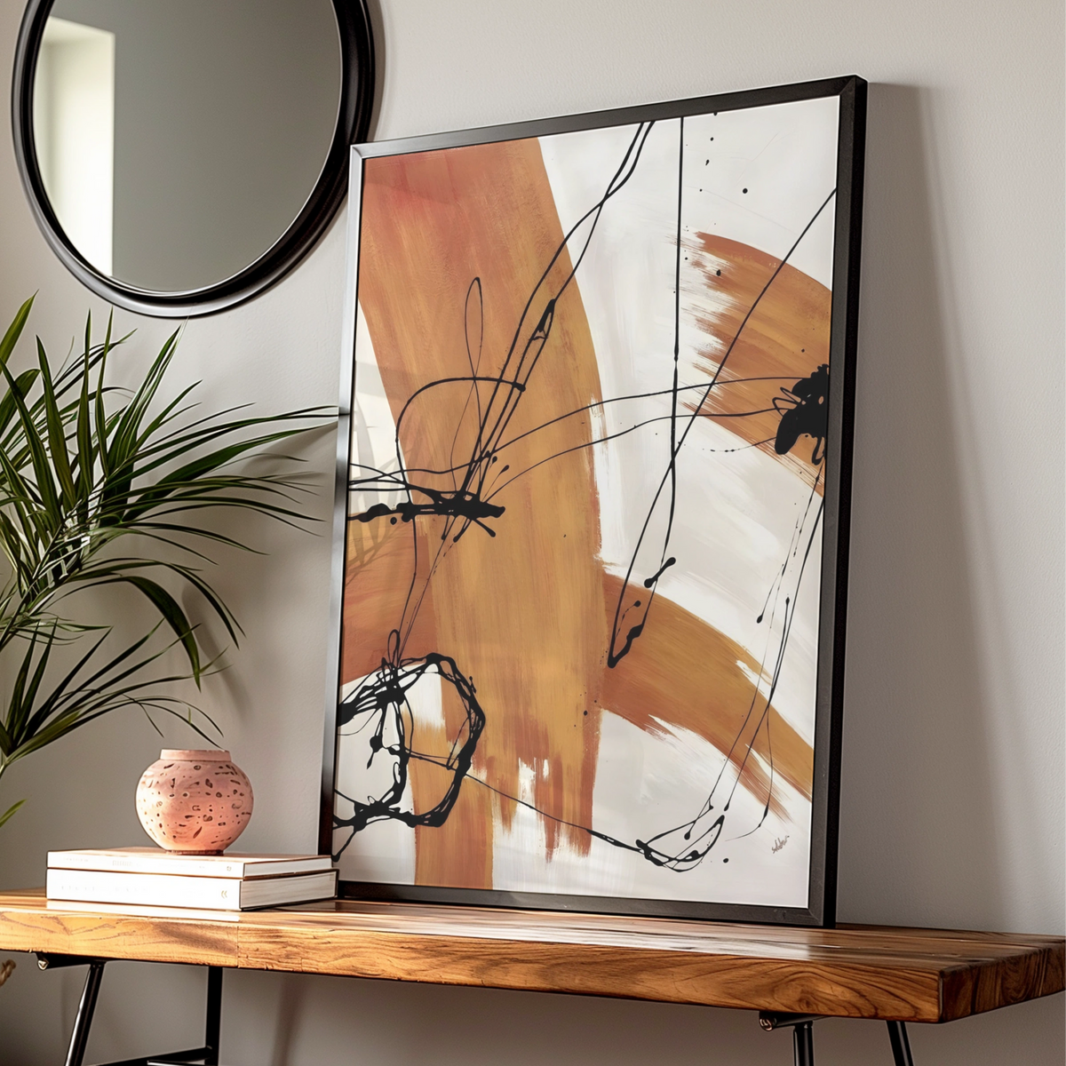 Abstract Brush Stroke Wall Art, Terracotta Black Line Print, Modern Neutral Poster