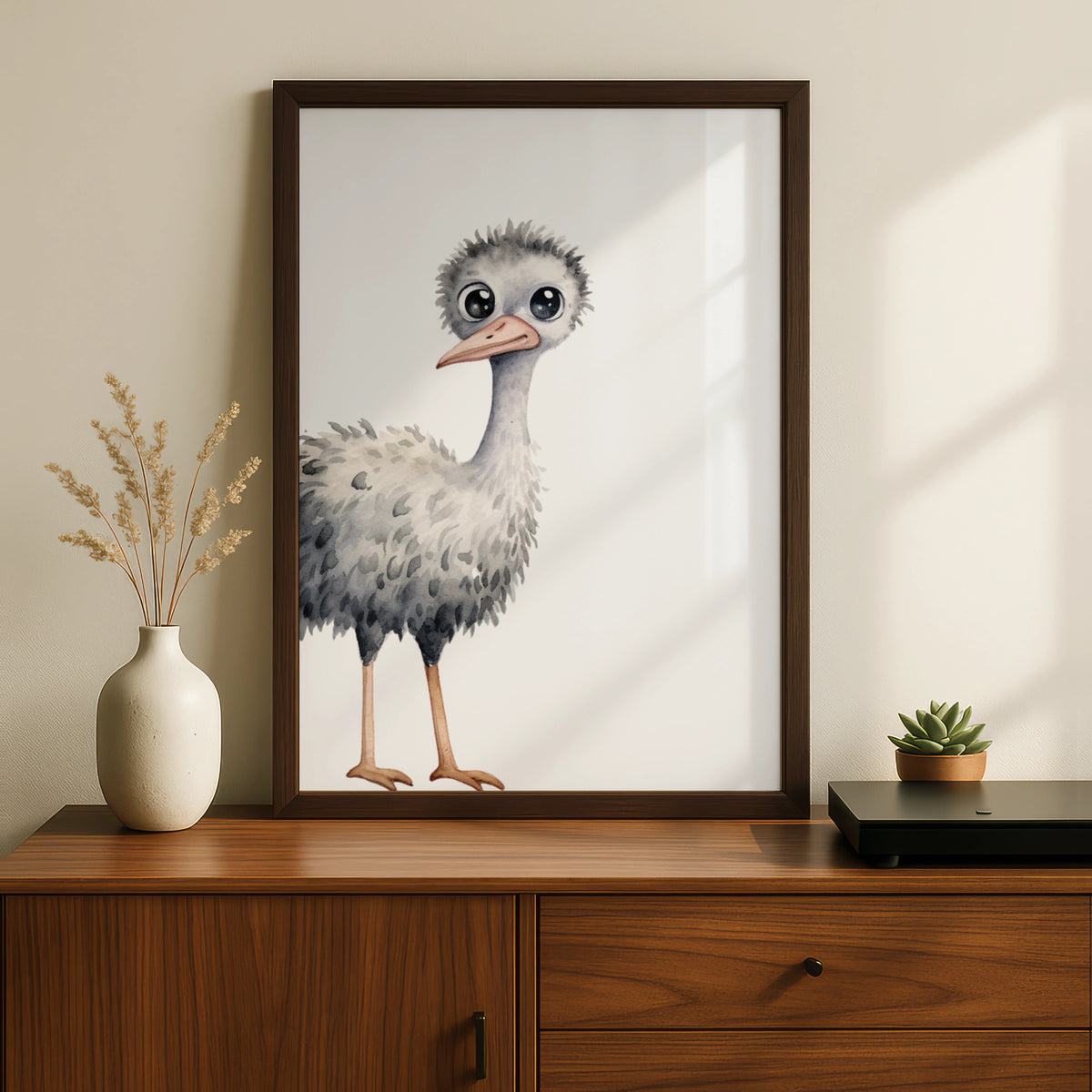 Baby Ostrich Nursery Wall Art, Cute Watercolour Bird Print, Children's Animal Poster