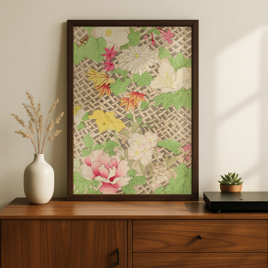 Japanese Botanical Print, Vintage Floral Wall Art, Bijutsukai 1901 Woodblock Poster – A5 Black frame