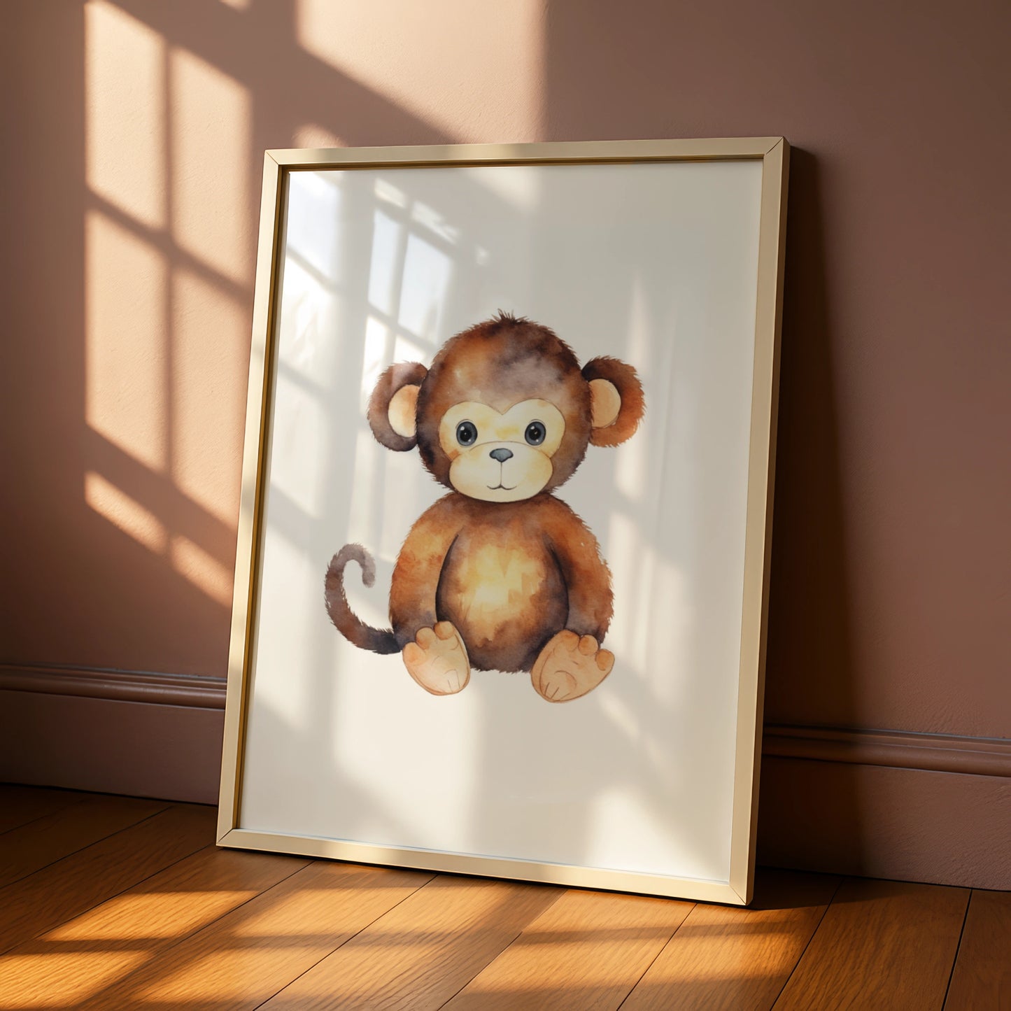 Cute Monkey Nursery Wall Art, Watercolour Baby Monkey Poster, Safari Animal Kids Room Print