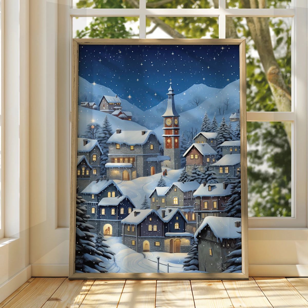 Christmas Village Poster, Snowy Winter Night Wall Art, Clock Tower Scene, Festive Holiday Print