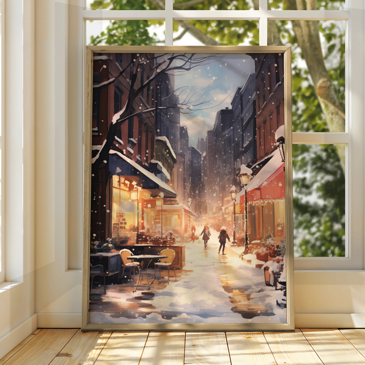 Christmas City Street Poster, Snowy Winter Scene Wall Art, Festive Holiday Print, Cosy Xmas Decor