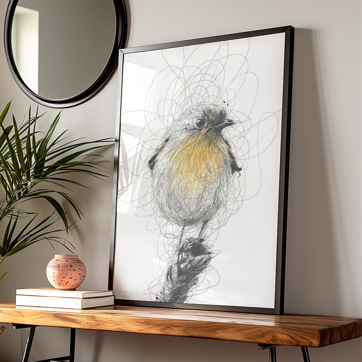Robin Bird Sketch Art, Monochrome Wall Art, Black and White Bird Poster, Modern Print