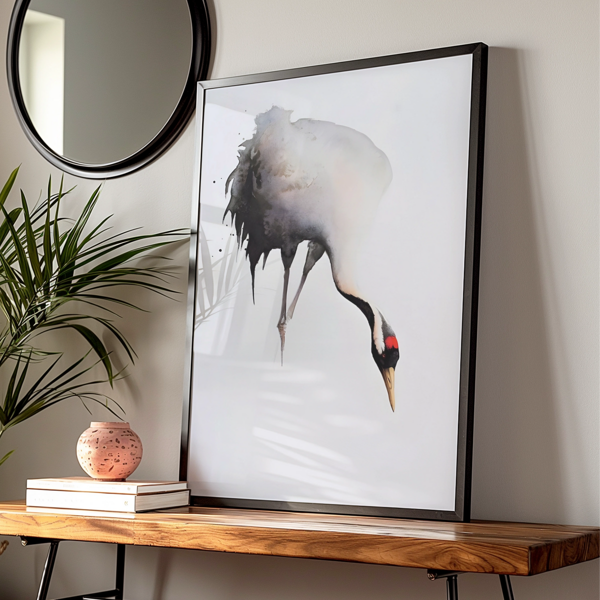 Red-Crowned Crane Print, Japanese Ink Art, Monochrome Bird Poster, Modern Wall Decor