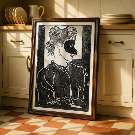 Halloween Masquerade Mask Woman Poster, Black White Woodcut Art Print, Gothic Wall Art
