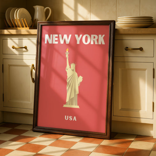 New York Travel Poster, USA Retro Wall Art, Statue of Liberty Print, NYC Decor