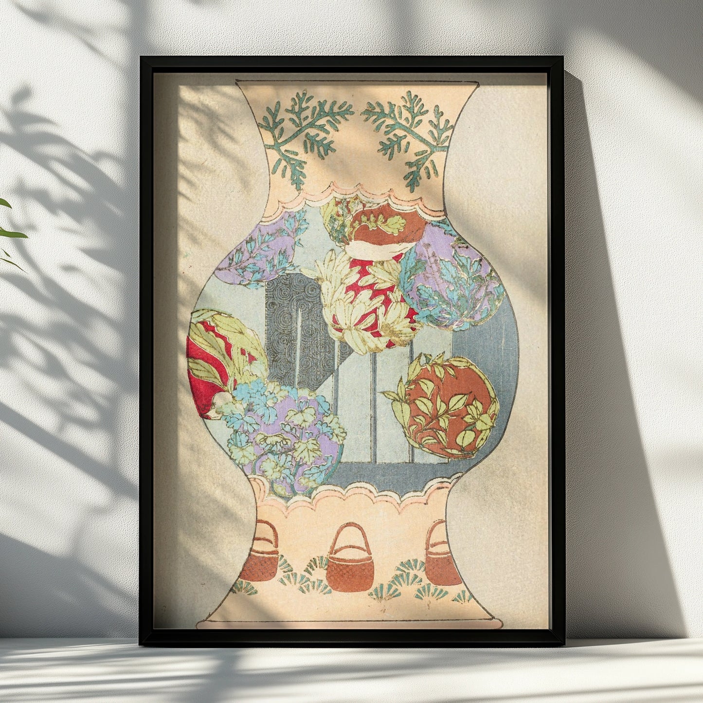 Vintage Japanese Vase Art Print, Bijutsukai 1901 Botanical Floral Japandi Wall Art Poster – A4 Black frame