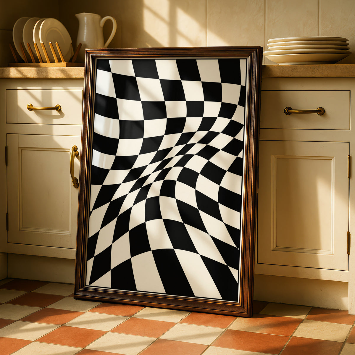 Warped Checkerboard Abstract Print, Monochrome Wall Art, Black and White Poster, Modern Decor