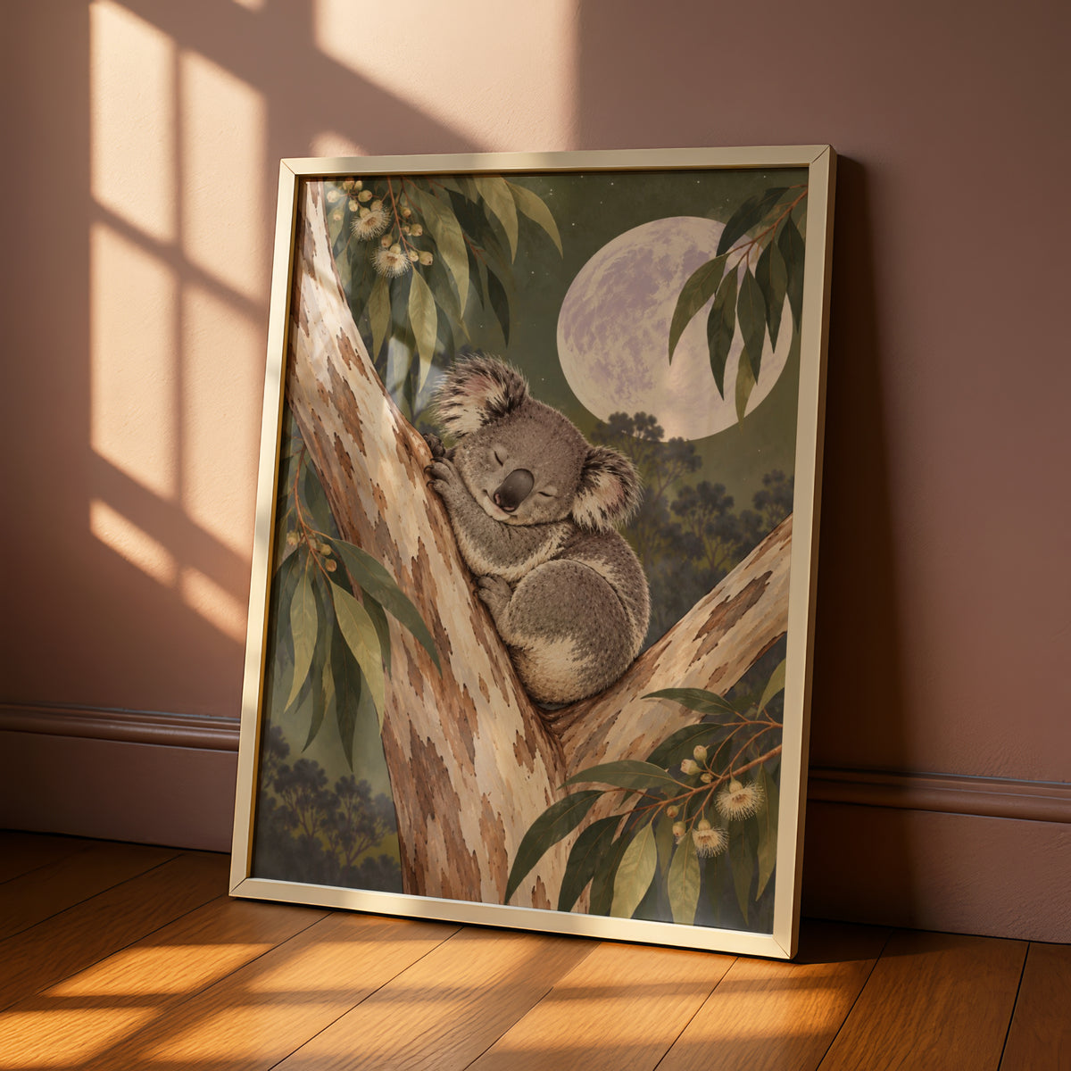 Sleeping Koala Eucalyptus Moon Print, Australian Wildlife Art, Nursery Wall Poster