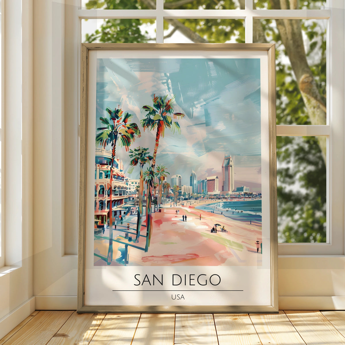 San Diego Poster Art, Coastal City Landscape, Palm Trees, California Wall Decor, Beach Print