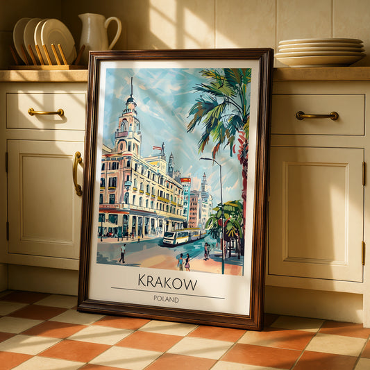 Krakow City Poster, Colourful Travel Art, Poland Wall Art, Vintage Illustration, Modern Home Decor