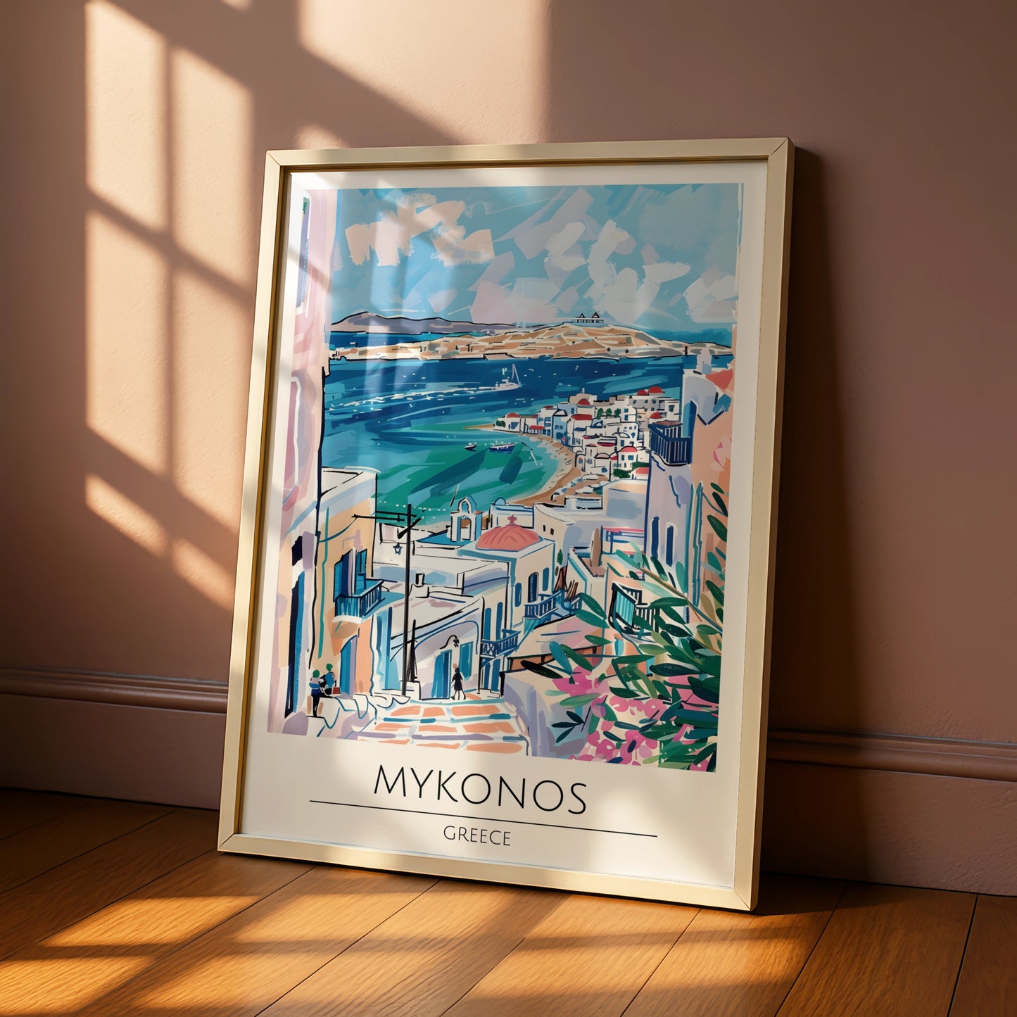 Mykonos Greece Art Print, Colourful Coastal Poster, Island Landscape Wall Art, Mediterranean Decor