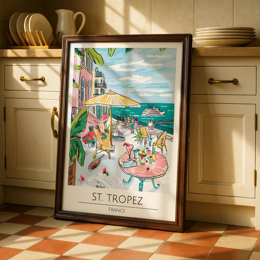 St. Tropez France Poster, Colourful Coastal Artwork, Tropical Summer Vibes, Maximalist Wall Art