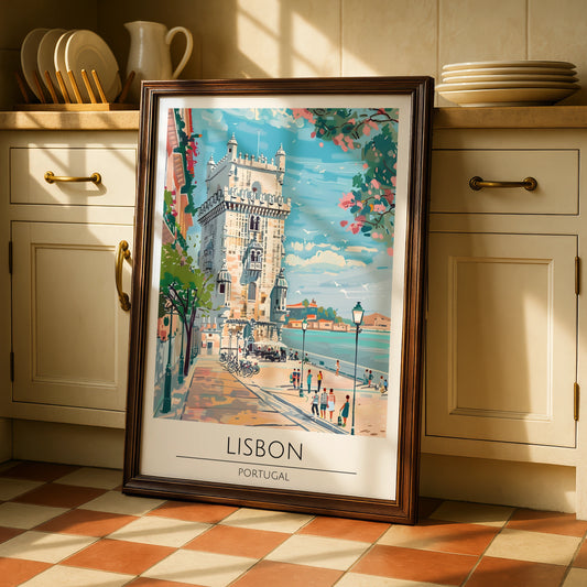 Lisbon Portugal Travel Poster, Colourful Vintage Art, Belem Tower Wall Decor, European Cityscape