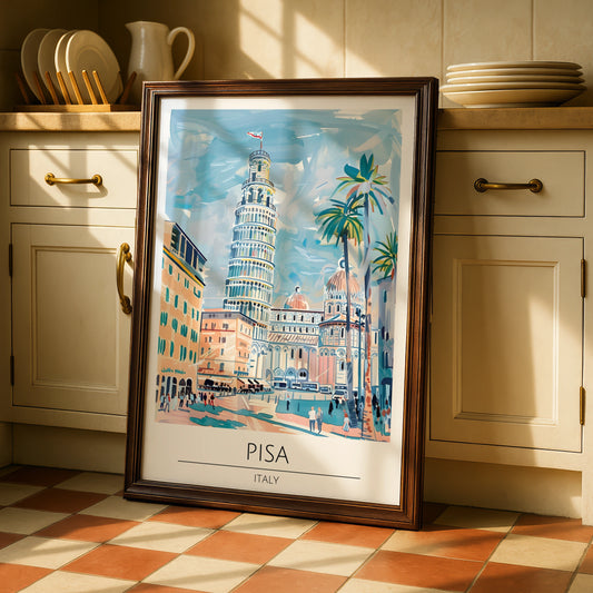 Pisa Tower Art Print, Italy Decor, Colourful Travel Poster, Italian Architecture Wall Art, Vintage