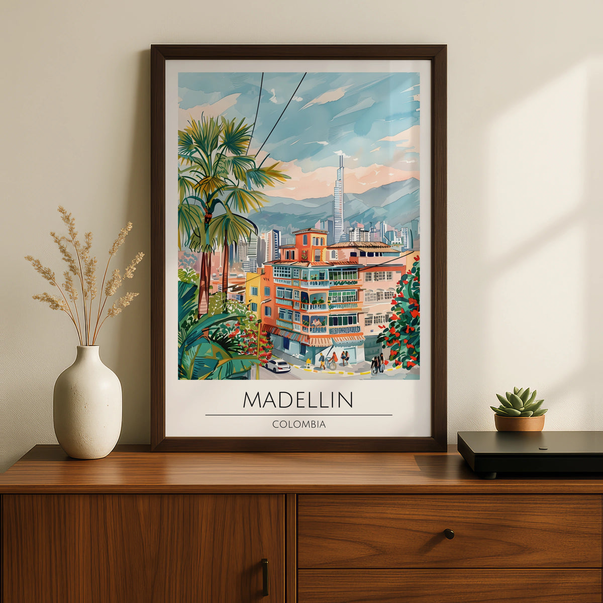 Vibrant Medellin Colombia Art Print, Colourful Cityscape Wall Decor, Tropical Style, Urban