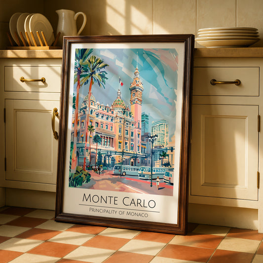 Monte Carlo Poster, Principality of Monaco, Colourful Travel Art, Vintage Style, Wall Decor