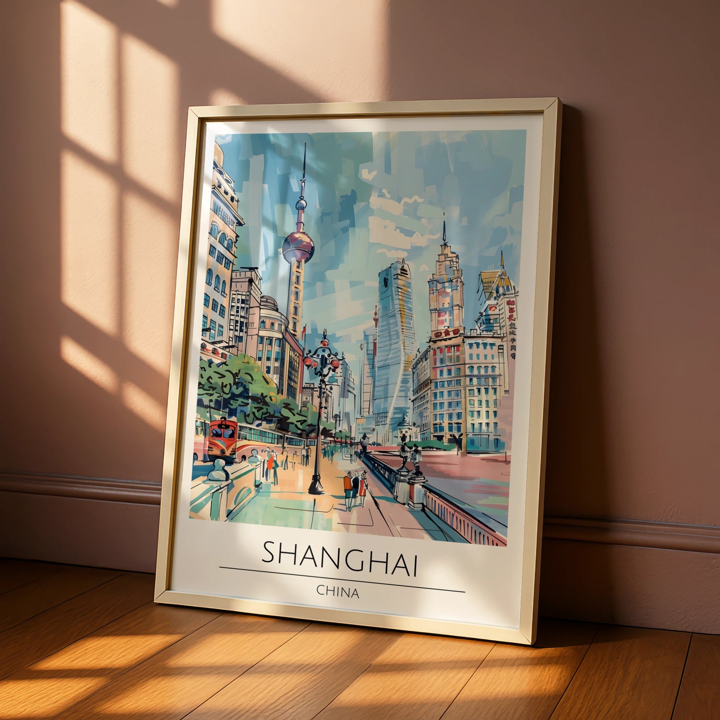 Shanghai Cityscape Poster, Vintage Travel Art, Colourful Urban Wall Art, Scenic Landscape Print