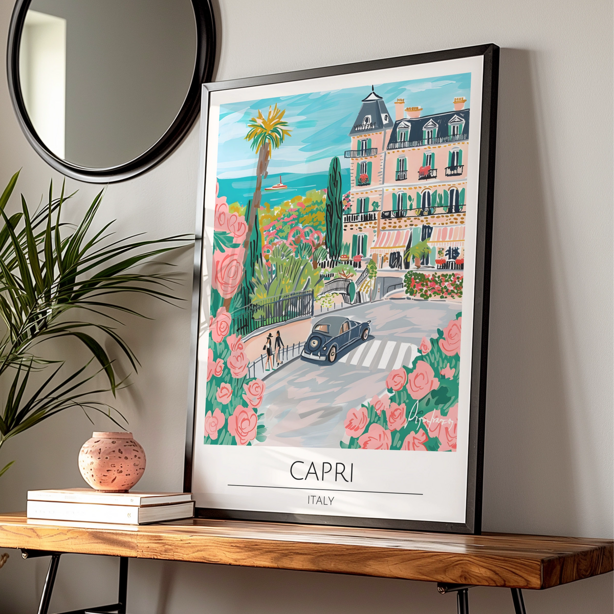Capri Landscape Poster, Italian Art Print, Colourful Street Scene, Floral Decor, Coastal Wall Art