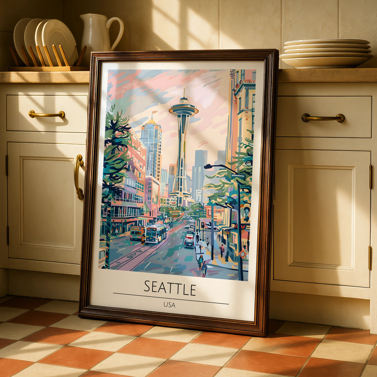 Seattle City View Poster, Colourful Artwork of Space Needle, Urban Wall Art, USA Decor, Modern Art