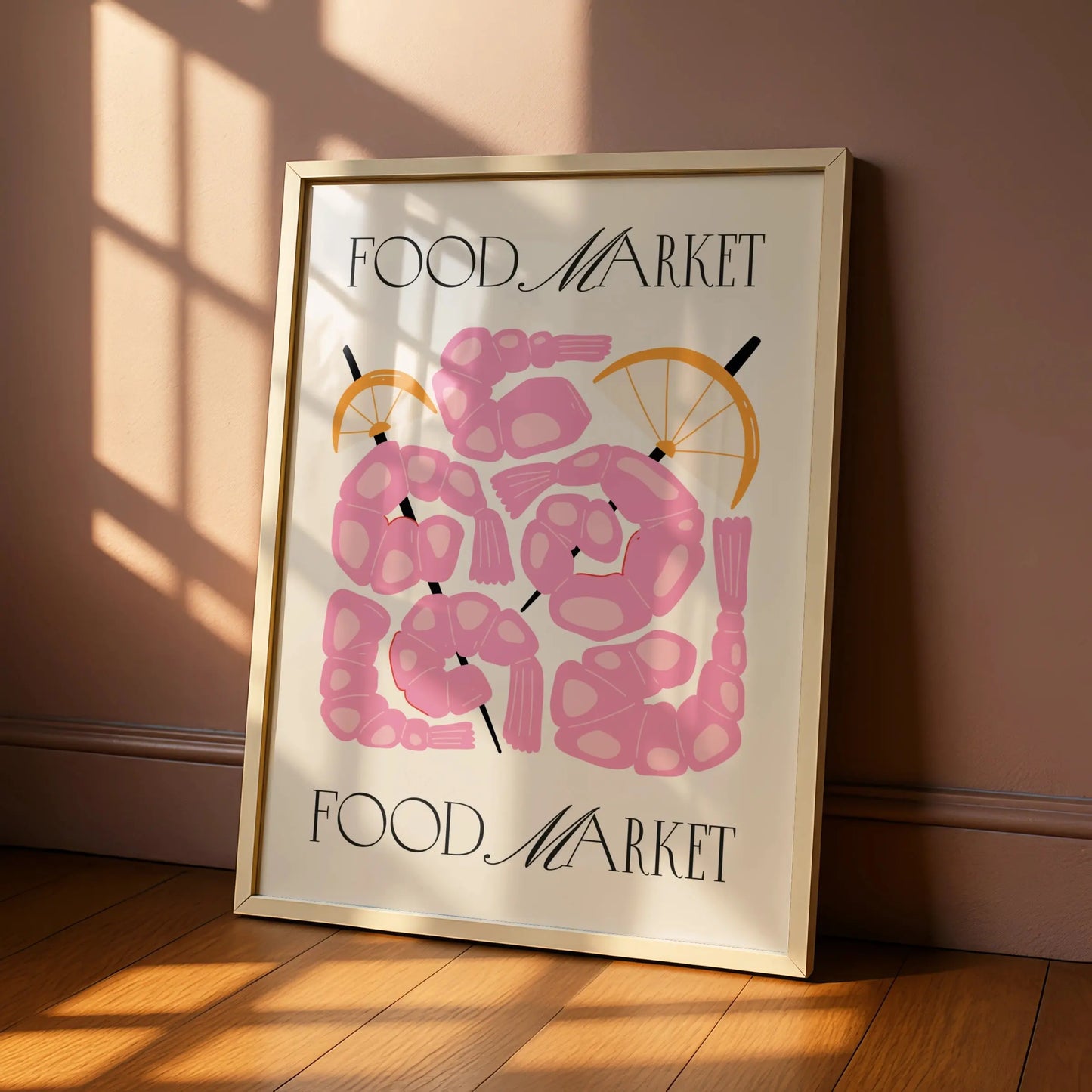 Food Market Shrimp Kitchen Print, Pink Prawn Poster, Seafood Wall Art, Retro Kitchen Decor