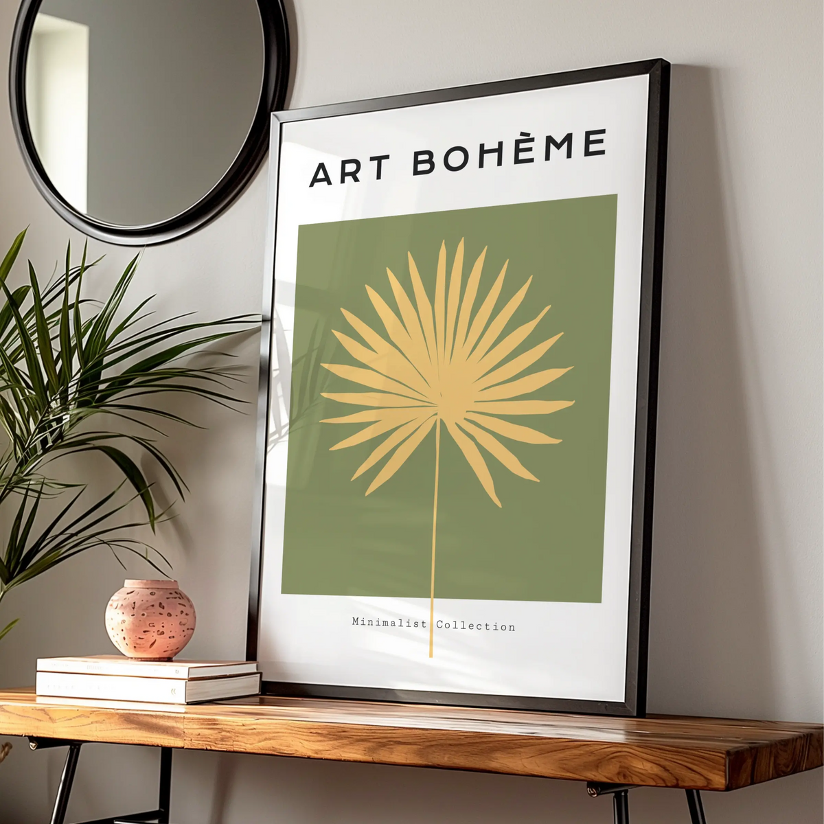 Boho Palm Leaf Kitchen Art Print, Green Gold Minimalist Poster, Tropical Wall Decor — Digital Download