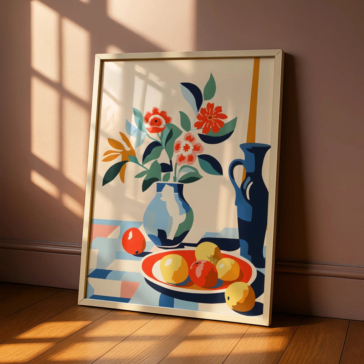 Kitchen Still Life Print, Floral Vase Fruit Bowl Wall Art, Colourful Modern Kitchen Poster