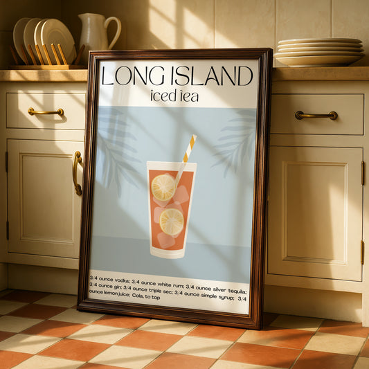 Long Island Iced Tea Cocktail Print, Kitchen Bar Cart Wall Art, Drinks Recipe Poster