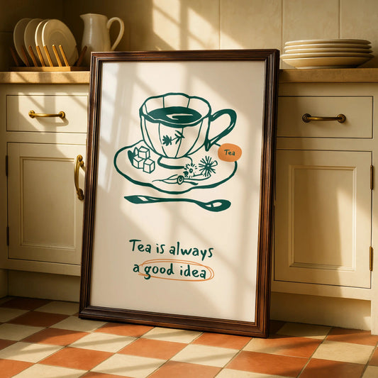 Tea Is Always A Good Idea Kitchen Print, Tea Cup Wall Art Poster, Quote