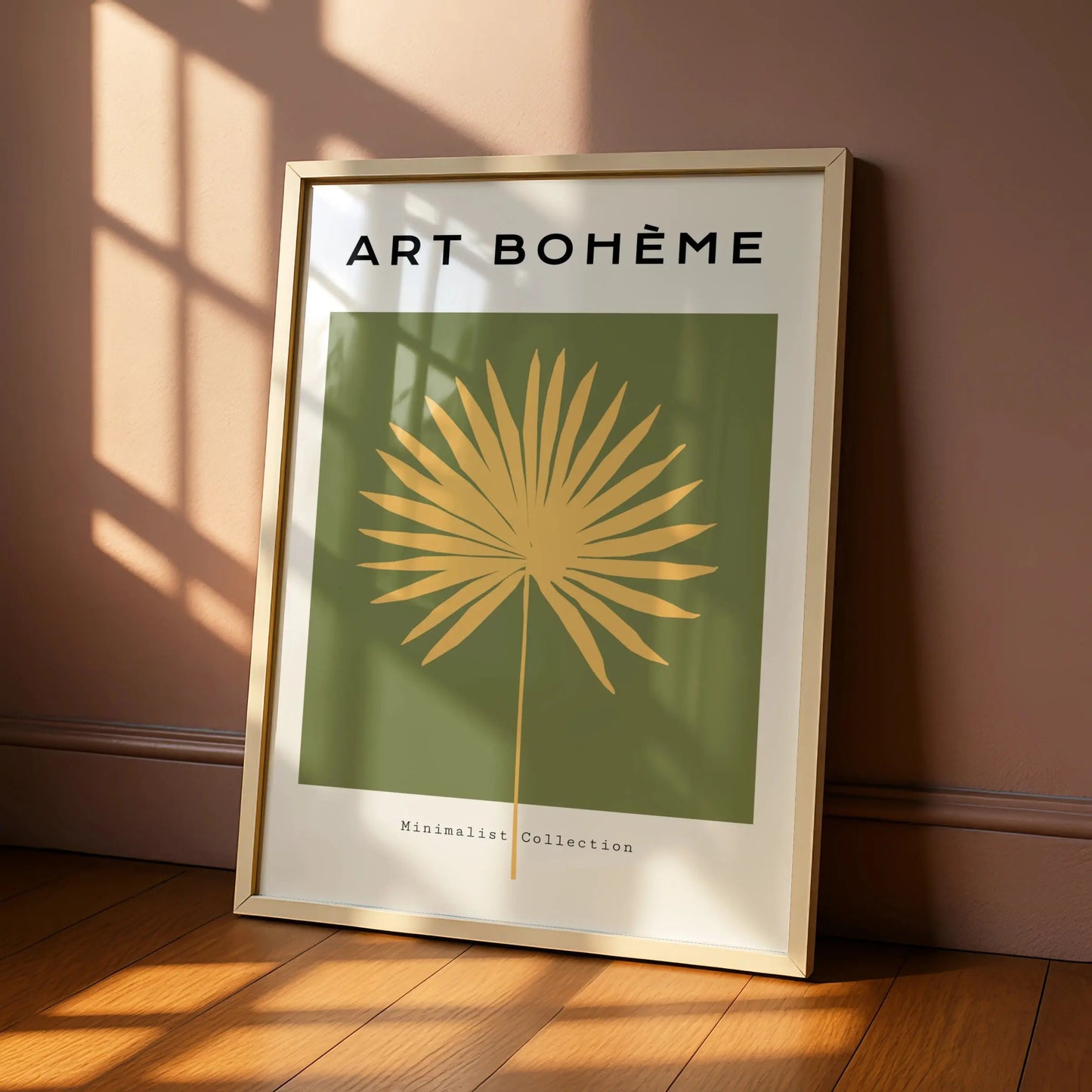 Boho Palm Leaf Kitchen Art Print, Green Gold Minimalist Poster, Tropical Wall Decor