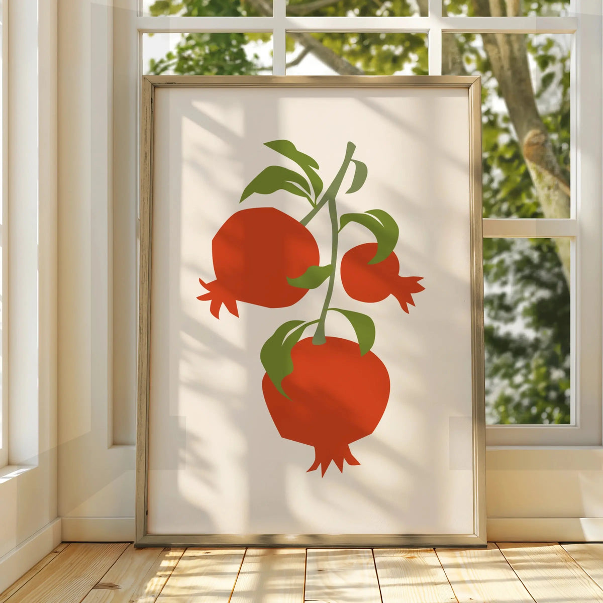 Pomegranate Kitchen Art Print, Fruit Wall Art, Red Green Botanical Poster, Minimalist Kitchen Decor