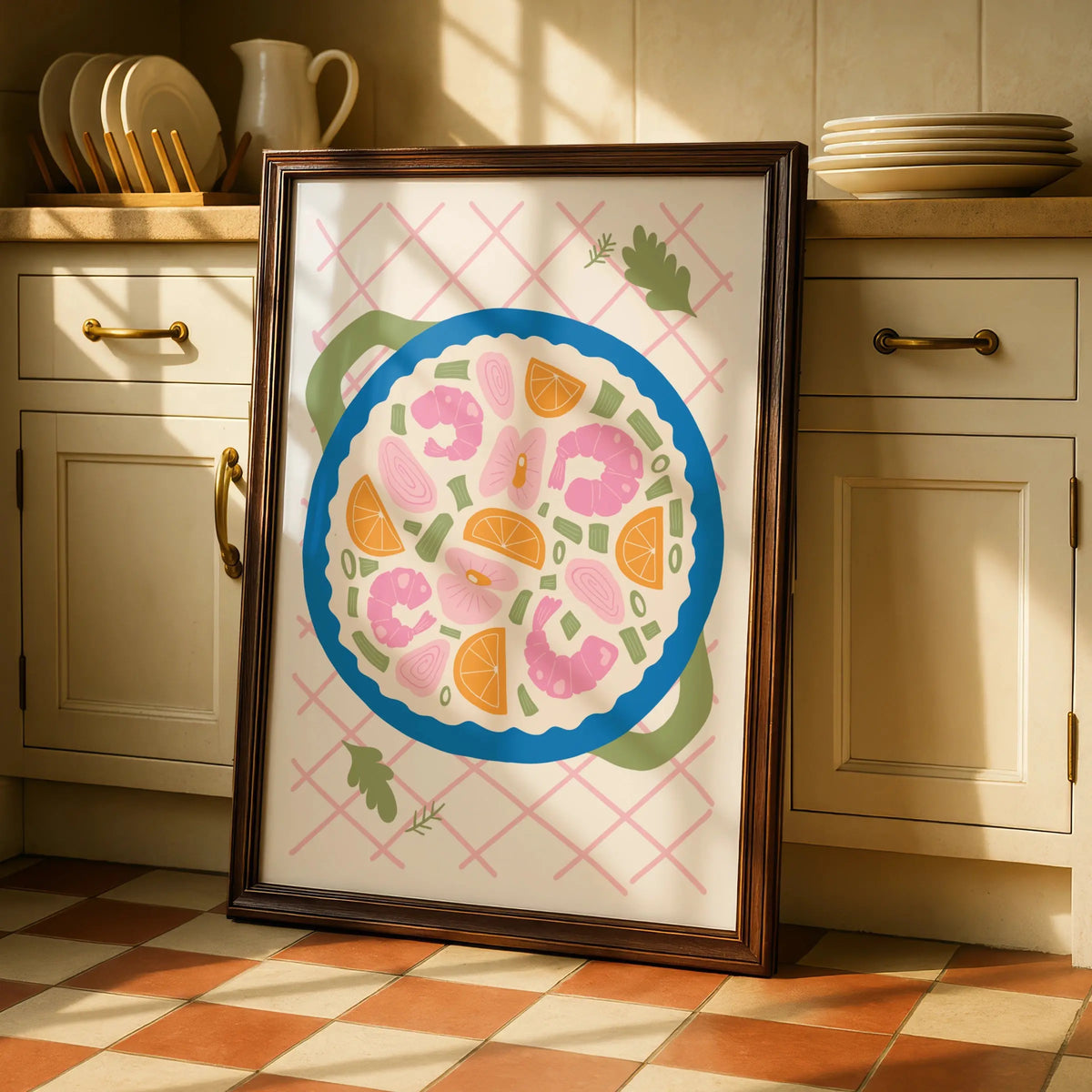 Seafood Paella Kitchen Wall Art, Colourful Food Poster, Shrimp Bowl Print for Kitchen Decor
