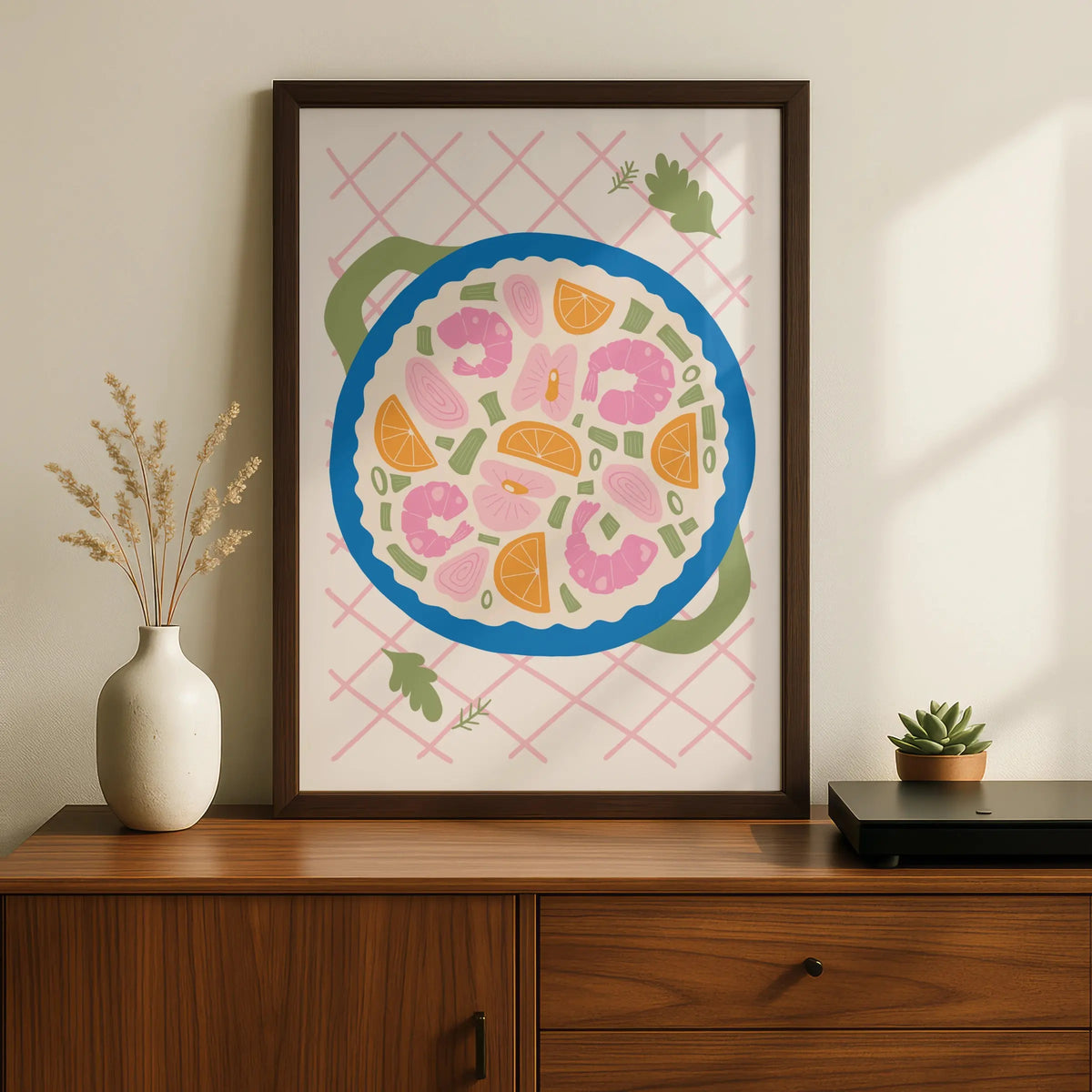 Seafood Paella Kitchen Wall Art, Colourful Food Poster, Shrimp Bowl Print for Kitchen Decor