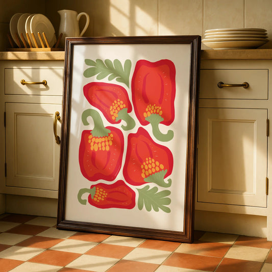 Red Pepper Kitchen Print, Vegetable Wall Art Poster, Bold Retro Food Art for Kitchen Decor