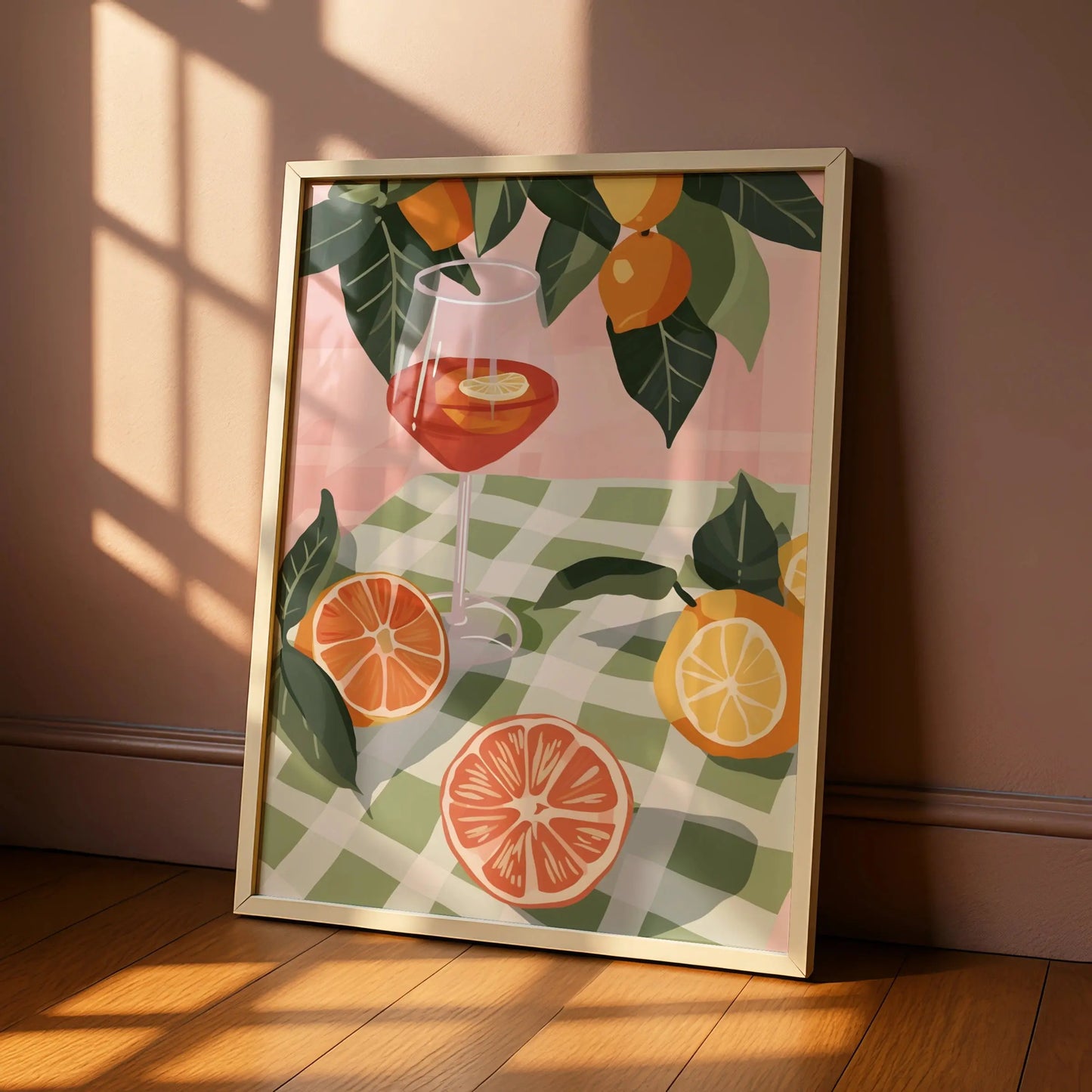 Citrus Cocktail Kitchen Print, Aperol Spritz Poster, Fruit Wall Art, Gingham Summer Decor