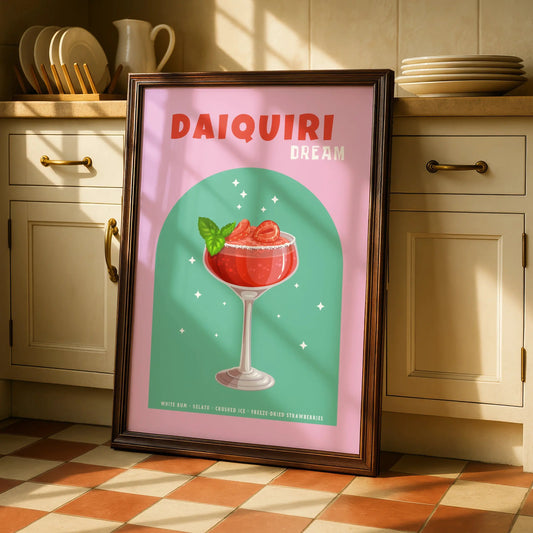 Strawberry Daiquiri Kitchen Print, Cocktail Wall Art, Bar Cart Poster, Pink Green