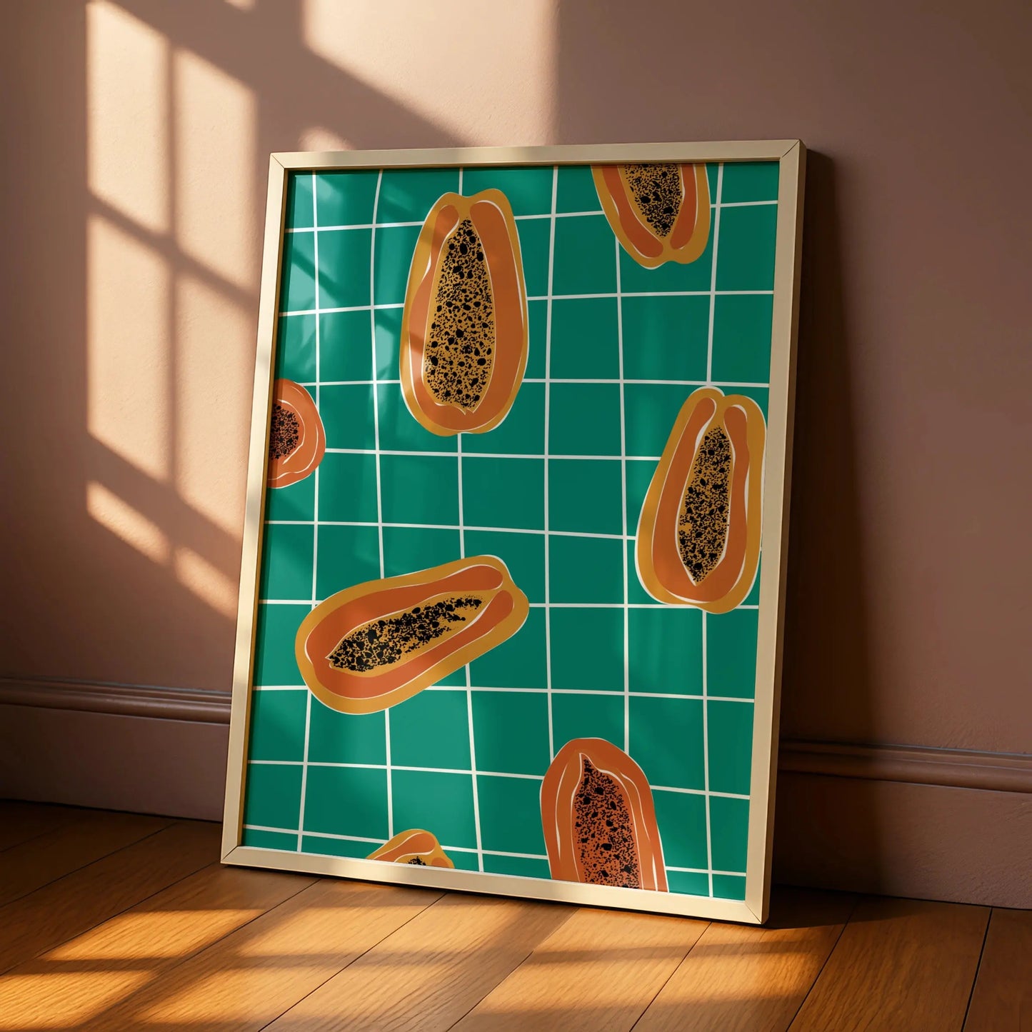 Papaya Kitchen Wall Art Print, Tropical Fruit Poster, Teal Bold Retro Kitchen Decor
