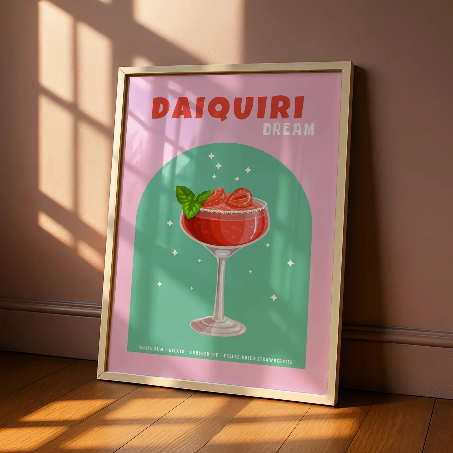 Strawberry Daiquiri Kitchen Print, Cocktail Wall Art, Bar Cart Poster, Pink Green