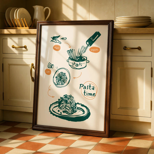 Pasta Time Kitchen Art Print, Spaghetti Cooking Poster, Italian Food Wall Decor, Chef Gift