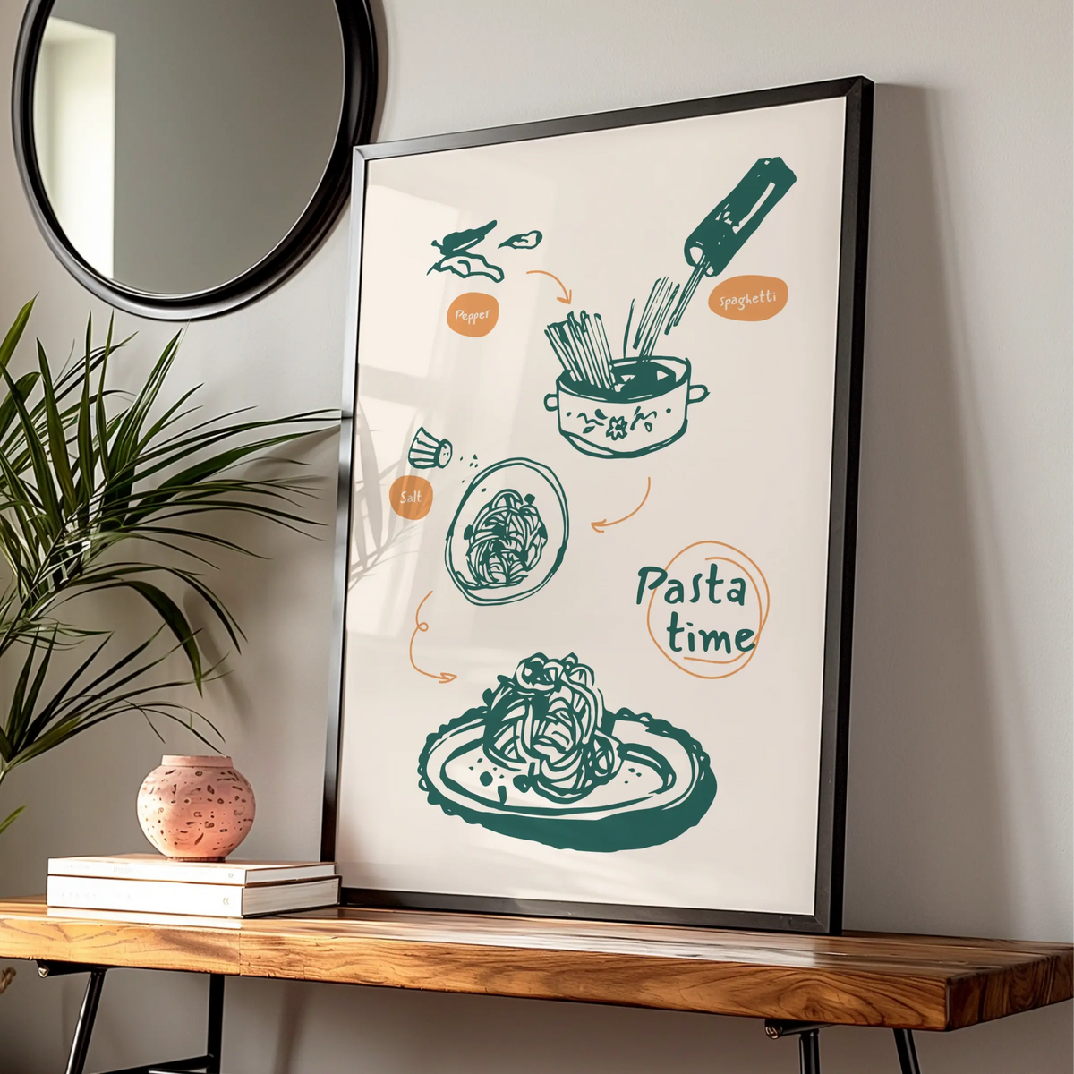 Pasta Time Kitchen Art Print, Spaghetti Cooking Poster, Italian Food Wall Decor, Chef Gift — Digital Download