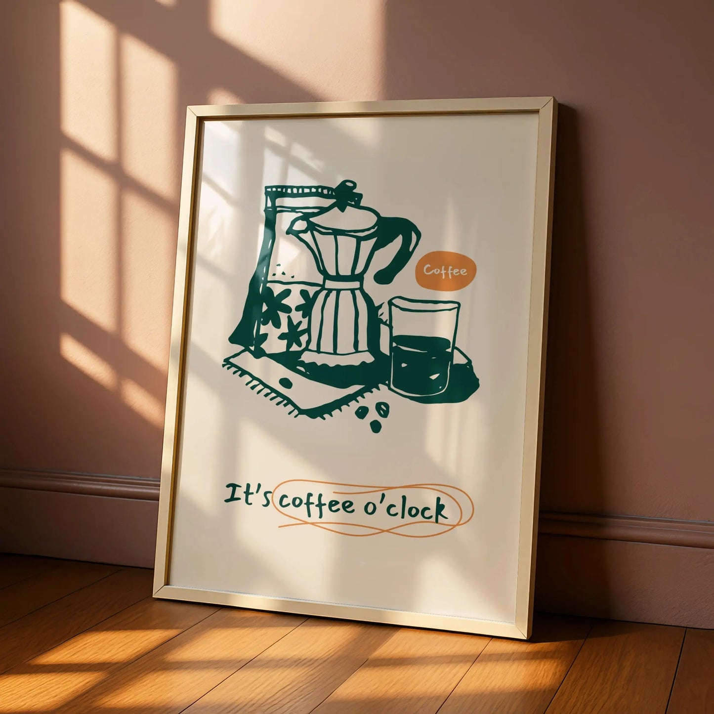 Coffee Kitchen Wall Art Print, It's Coffee O'Clock Poster, Moka Pot Cafe Decor