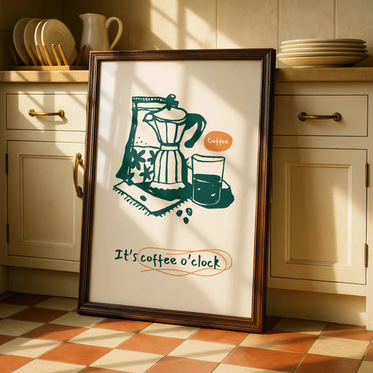 Coffee Kitchen Wall Art Print, It's Coffee O'Clock Poster, Moka Pot Cafe Decor