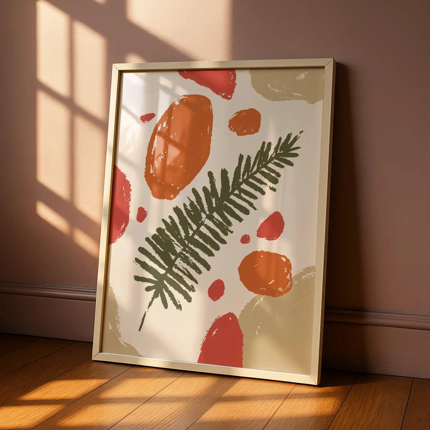 Botanical Kitchen Wall Art, Boho Fern Leaf Print, Terracotta Orange Green Poster