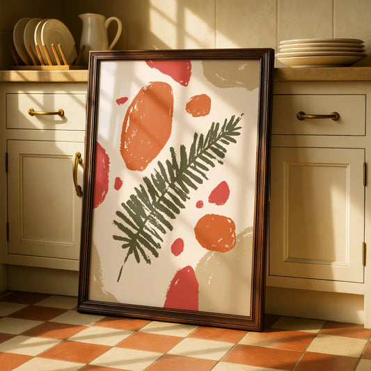 Botanical Kitchen Wall Art, Boho Fern Leaf Print, Terracotta Orange Green Poster