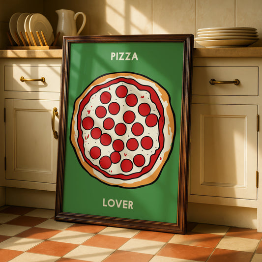 Pizza Lover Kitchen Wall Art, Pepperoni Pizza Poster, Fun Food Print, Green Kitchen Decor