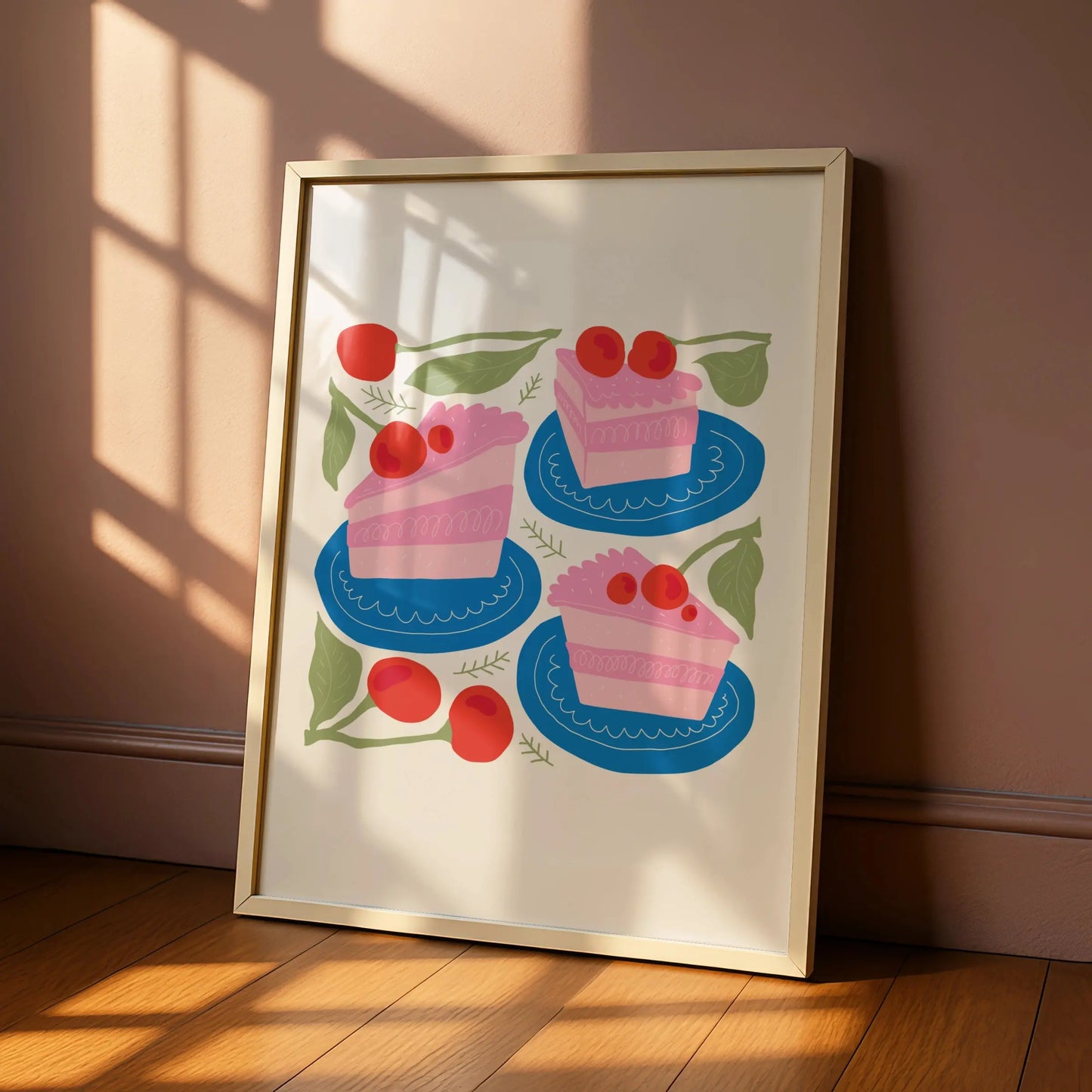 Cherry Cake Kitchen Wall Art, Pink Cake Slice Poster, Bakery Print, Colourful Food Art